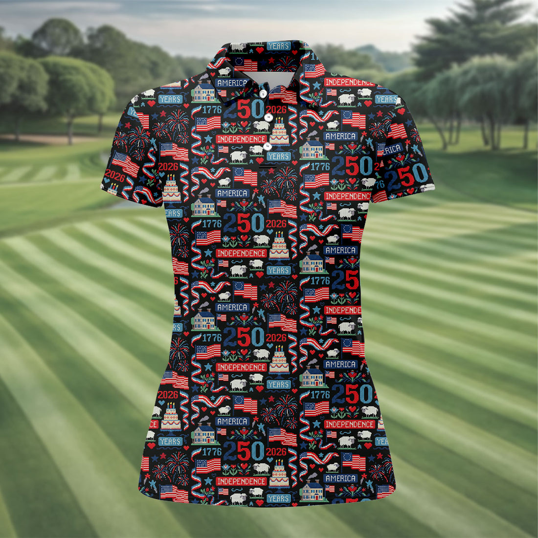 America Independence 250 Years Black Golf Shirt, Patriotic 4th Of July Golf Shirt For Women