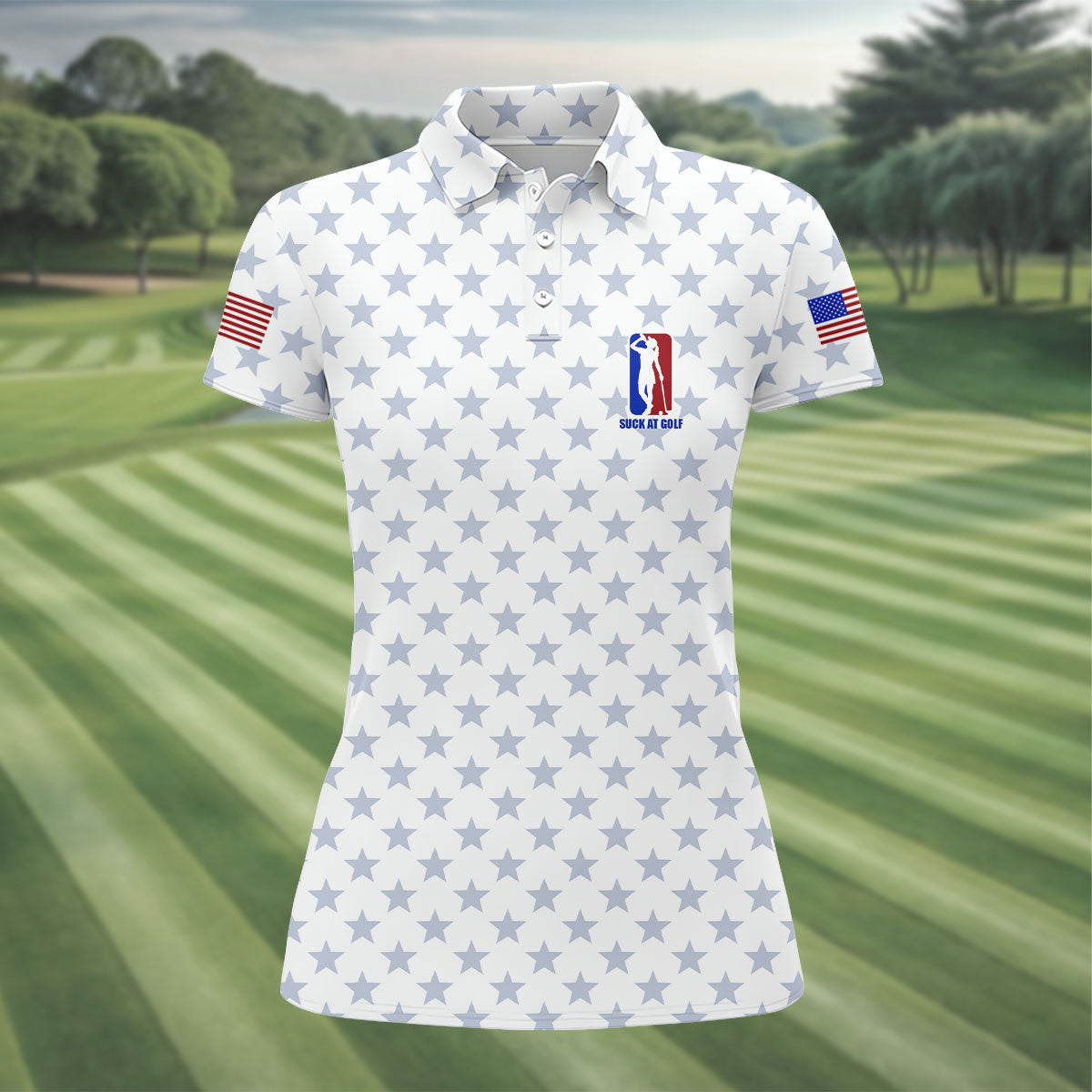 Suck At Golf Patriotic 4th Of July Stars Pattern White Golf Shirt, 250th Anniversary Golf Shirt For Women