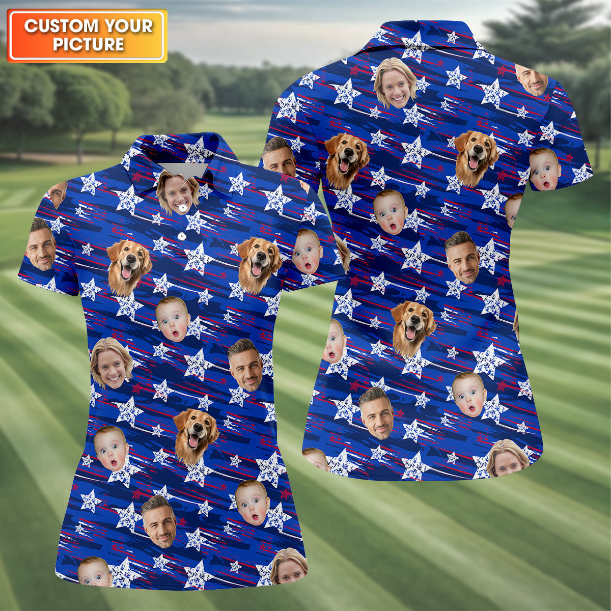Family Portrait Golf Shirt, Patriotic Golf Shirt, Golf Shirt Gift For Women, Women's Golf Polo ShirtUSA Golf Shirt For Ladies