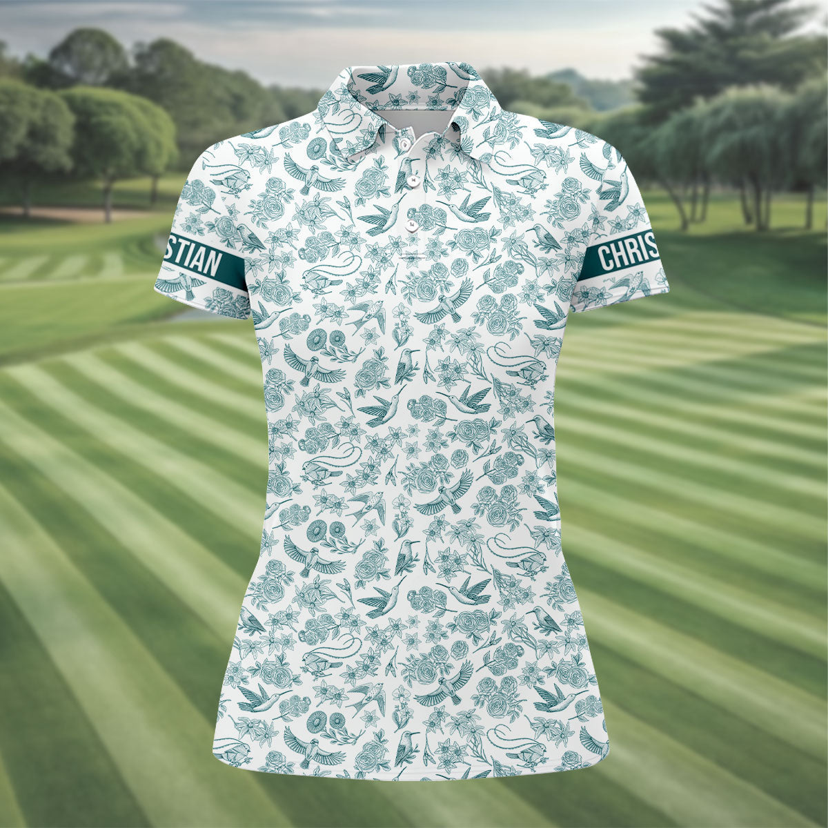 Custom Name Toile de Jouy Birds And Flowers Teal And White Women Golf Top, Ladies Golf Polos
