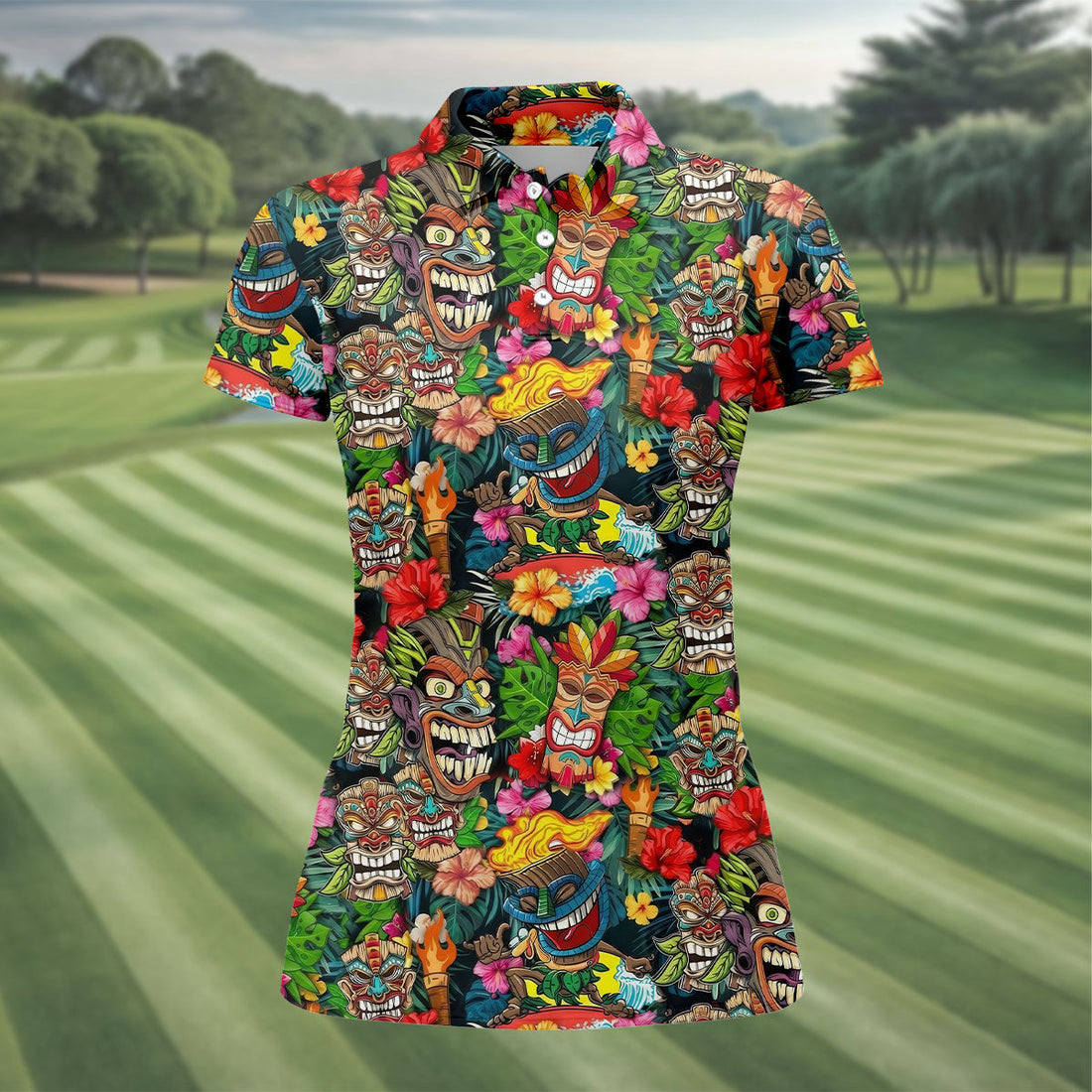 Hawaiian Tiki Tropical Floral Women's Golf Tops, Ladies Golf Shirts, Ladies Golf Polos
