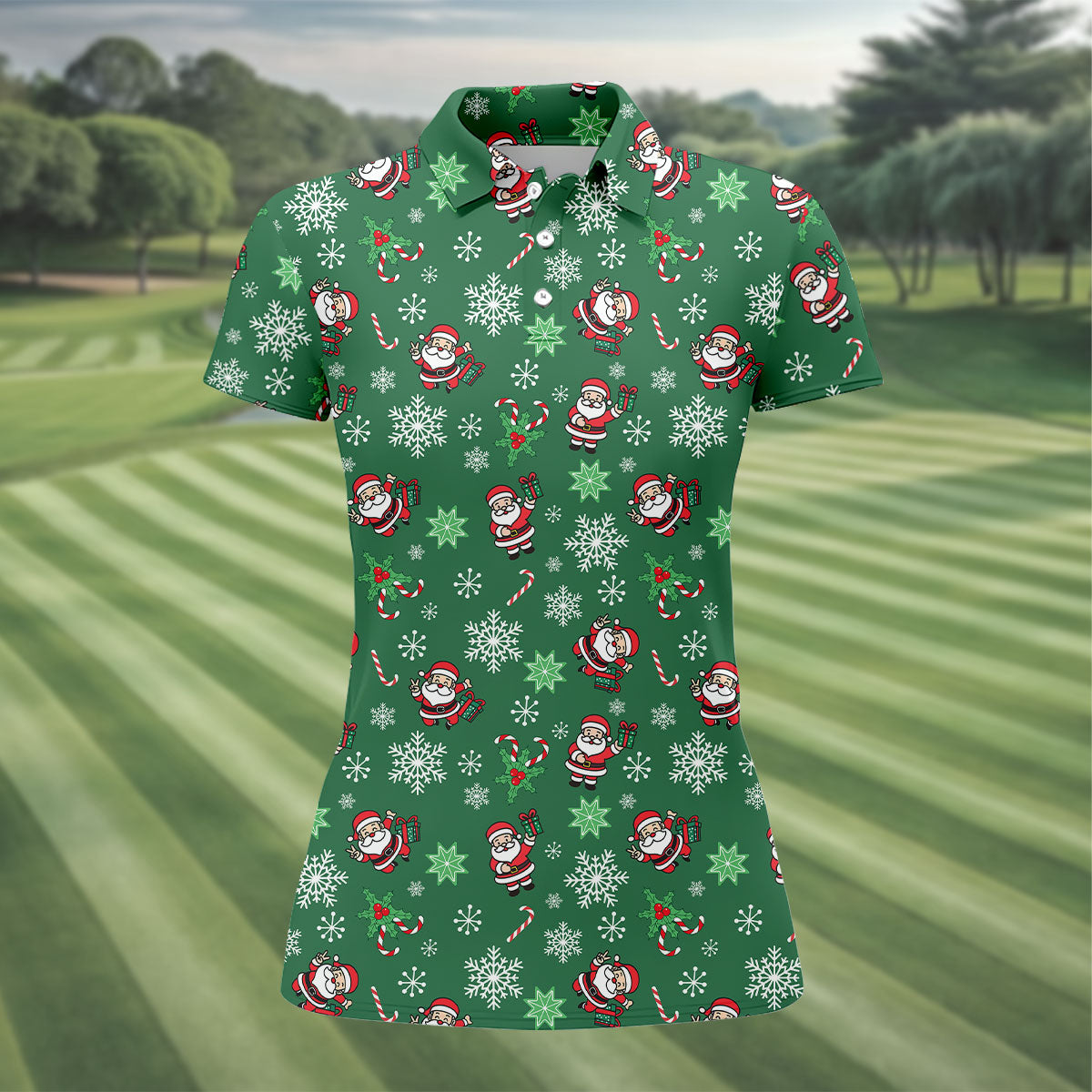 Santa Claus Pattern Christmas Green Fun Women's Golf Shirts, Christmas Golf Shirt, Ladies Golf Shirts