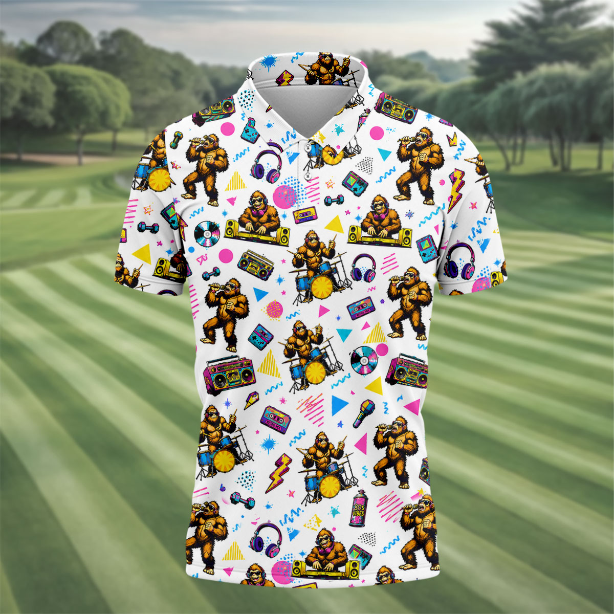 Bigfoot Party Memphis Pattern Retro Golf Shirt, Hawaiian Golf Shirt, Polo Shirts For Men