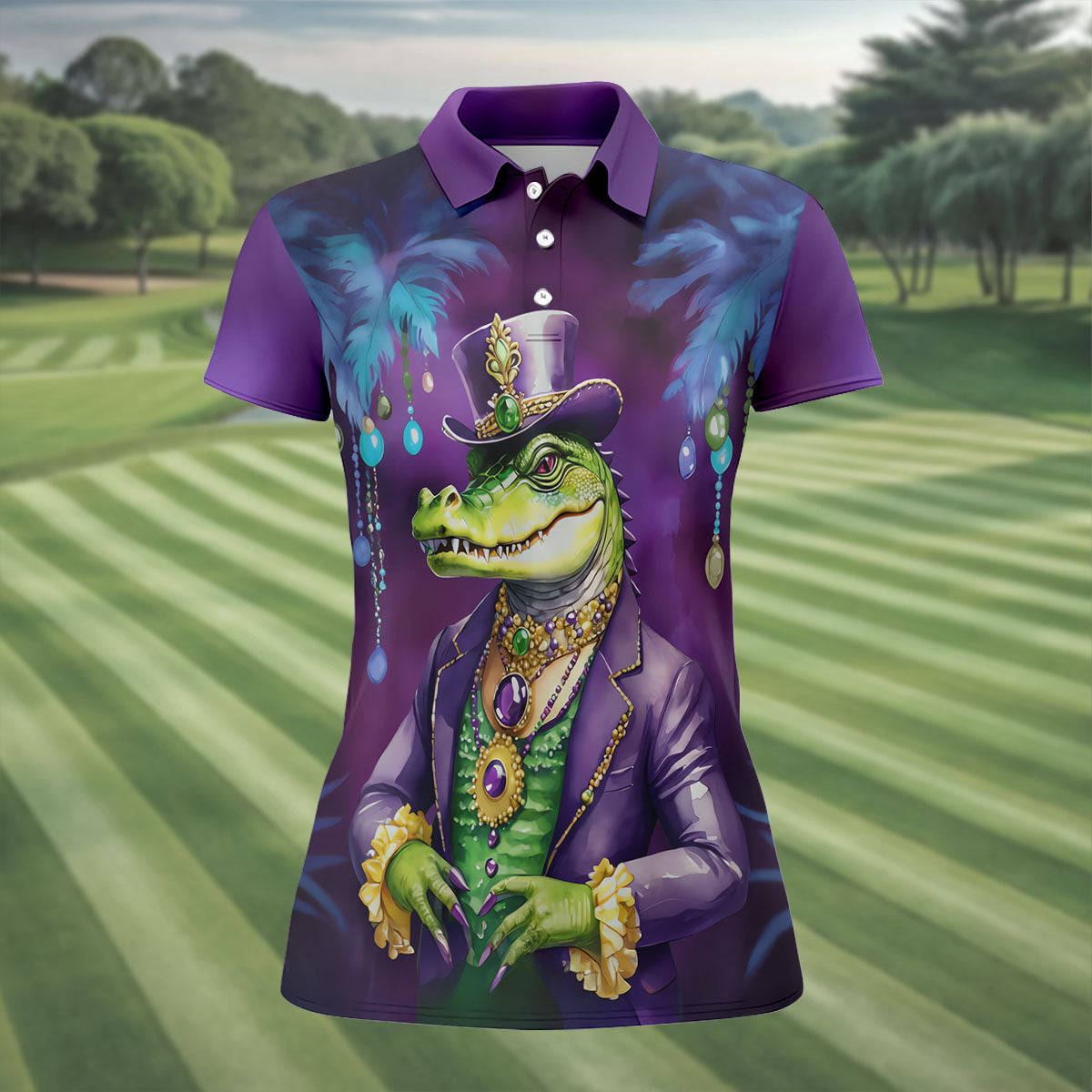 Mardi Gras Alligator Purple Golf Shirt, Fun Women's Golf Shirts, Women's Golf Tops, Ladies Golf Polos