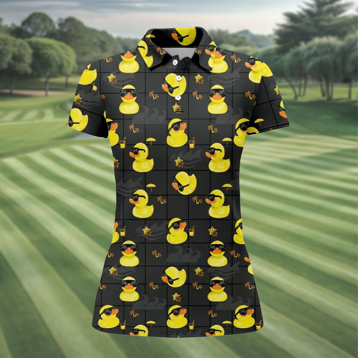 Yellow Rubber Duck Fun Women's Golf Shirts, Black Golf Shirt, Ladies Golf Shirts, Women's Polo Shirt
