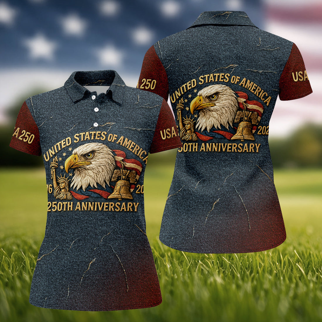 250th Anniversary American Flag And Eagle Denim Color Women's Golf Tops, Patriotic Golf Shirt, Ladies Golf Shirts