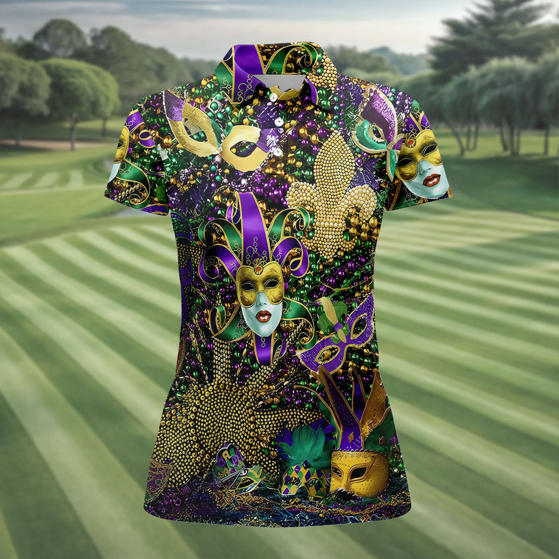 Jester Mask Purple Green Gold Fleur De Lis Beads Mardi Gras Golf Shirt, Women's Golf Tops, Ladies Golf Shirt