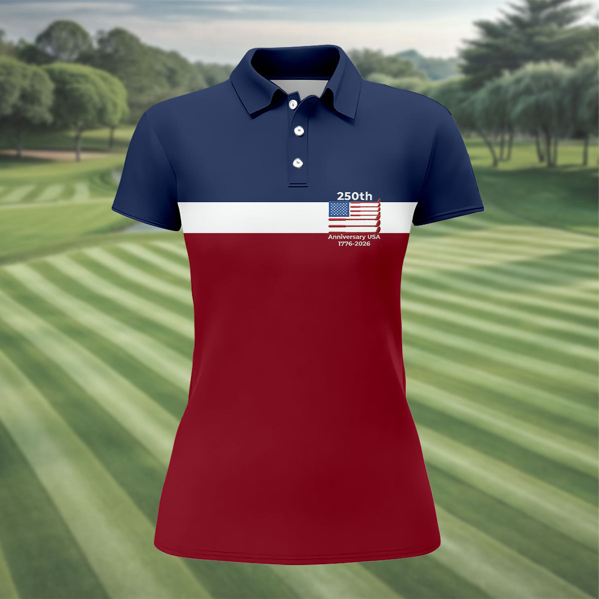 250th Anniversary USA 1776-2026 Red White Blue Ladies Golf Tops, 4th Of July Golf Shirt For Women