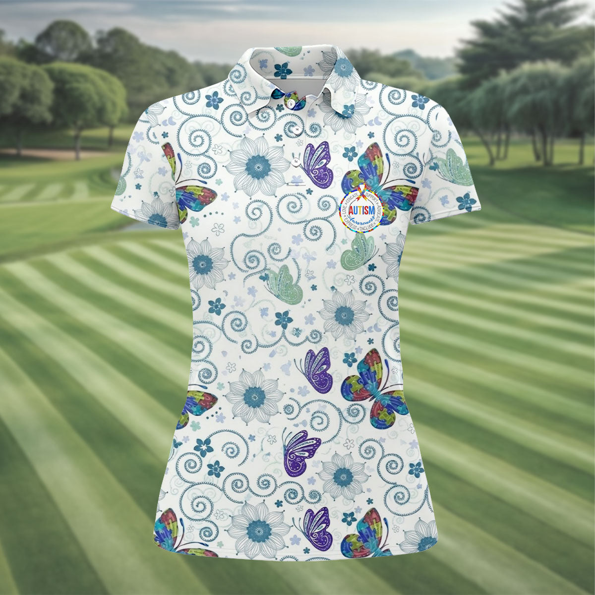 Autism Awareness Flower And Butterfly Puzzle Ribbon Golf Shirt For Women, Ladies Golf Polos