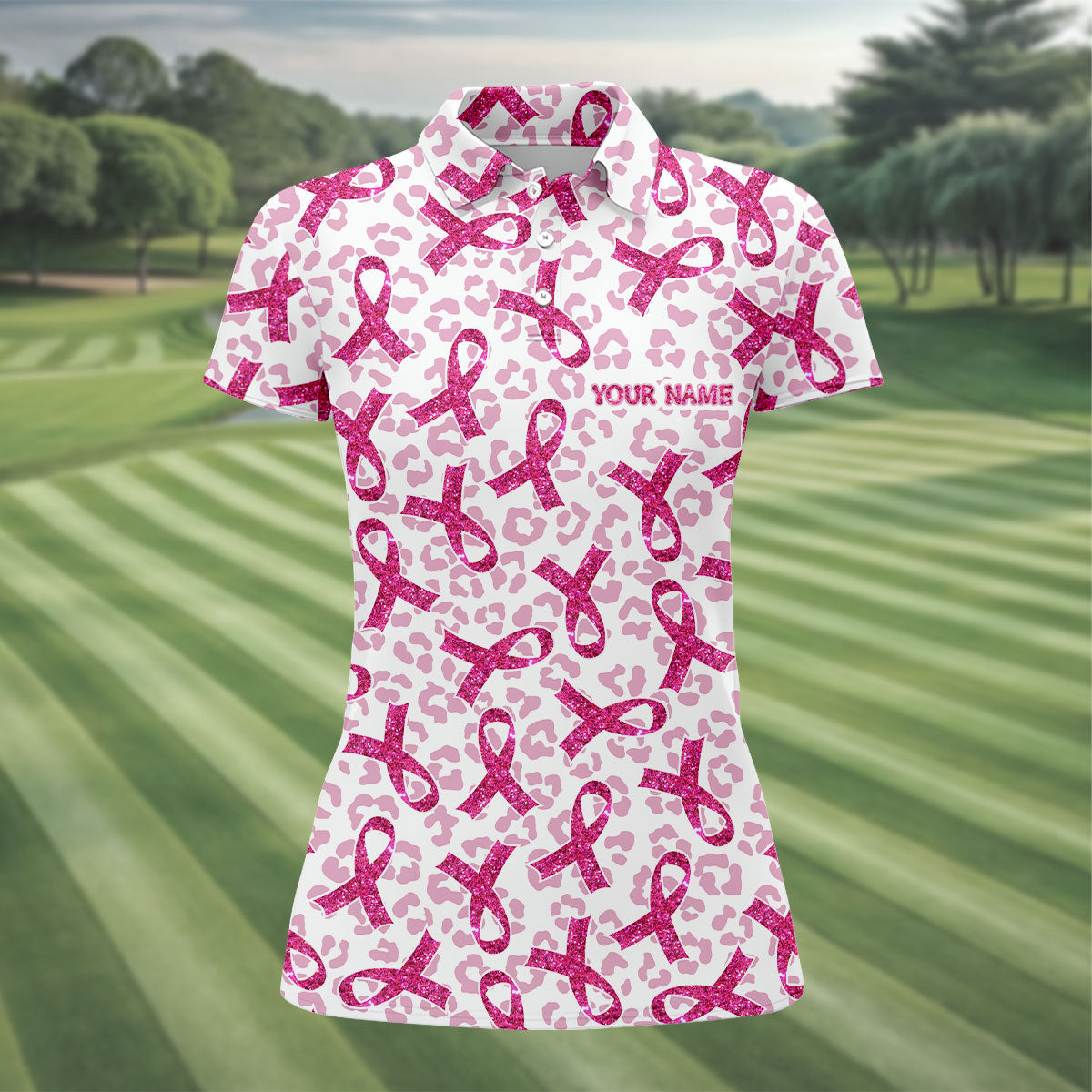 Breast Cancer Pink Ribbon Leopard Pattern Women's Golf Tops, Cancer Awareness Shirt, Ladies Golf Shirts