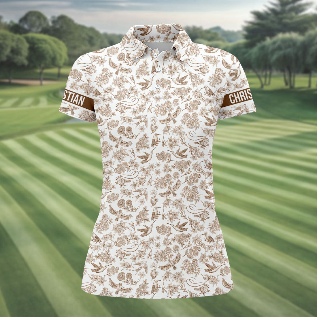 Custom Name Toile de Jouy Birds And Flowers Brown Golf Shirt, Women Golf Top, Ladies Golf Polos