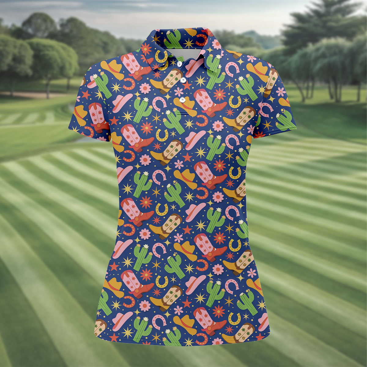 Western Cowboy Golf Shirt, Desert Cactus Horseshoe Pattern, Golf Shirt For Women