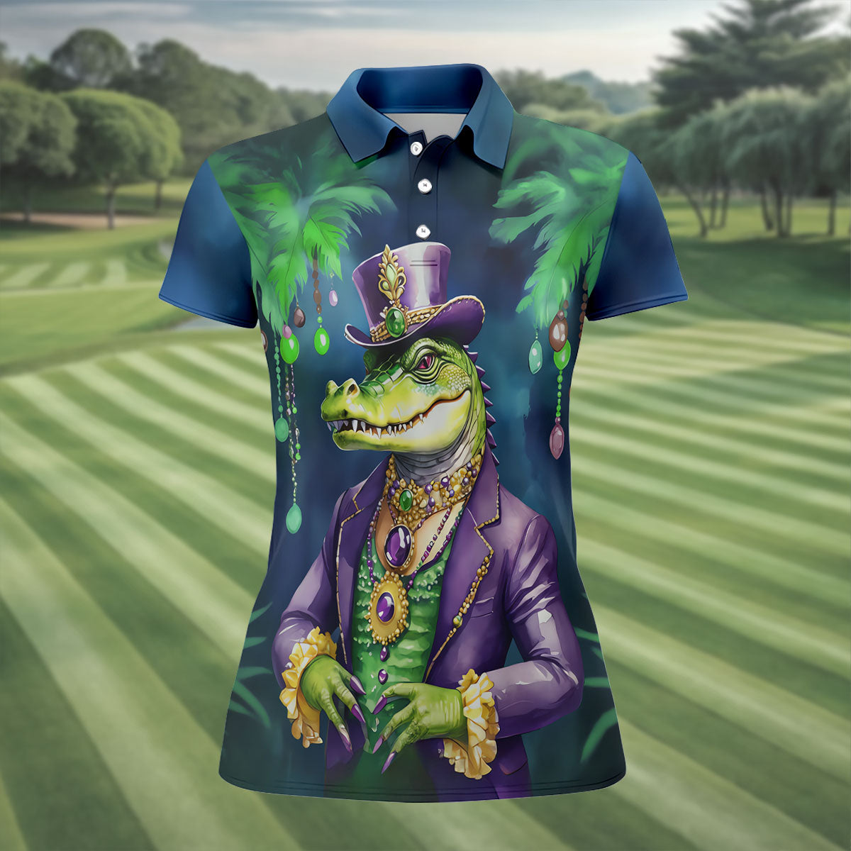 Mardi Gras Alligator Navy Golf Shirt, Fun Women's Golf Shirts, Women's Golf Tops, Ladies Golf Polos