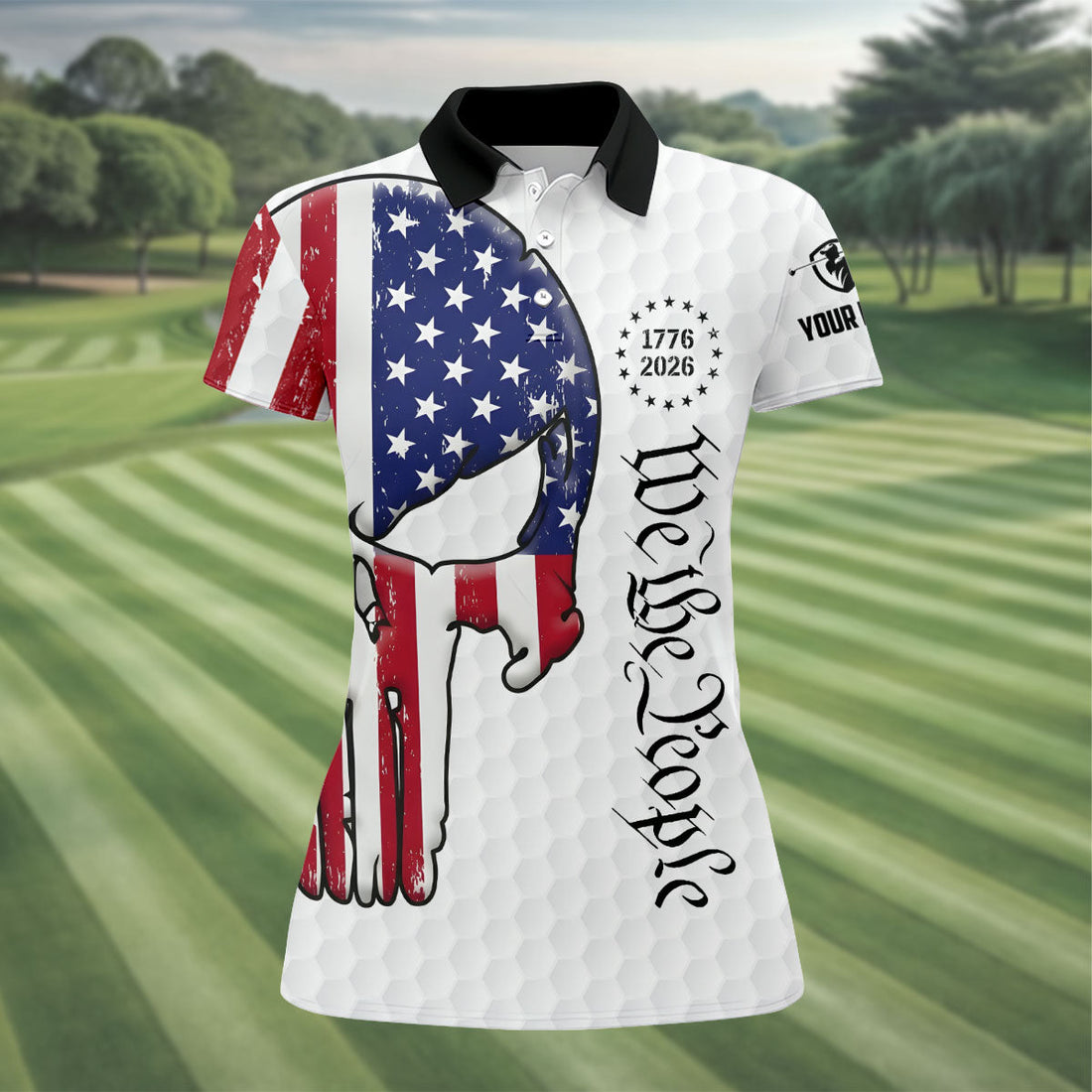 We The People 250 Celebration US Flag Pattern Skull Golf Shirt, Patriotic 4th Of July Golf Shirt For Women