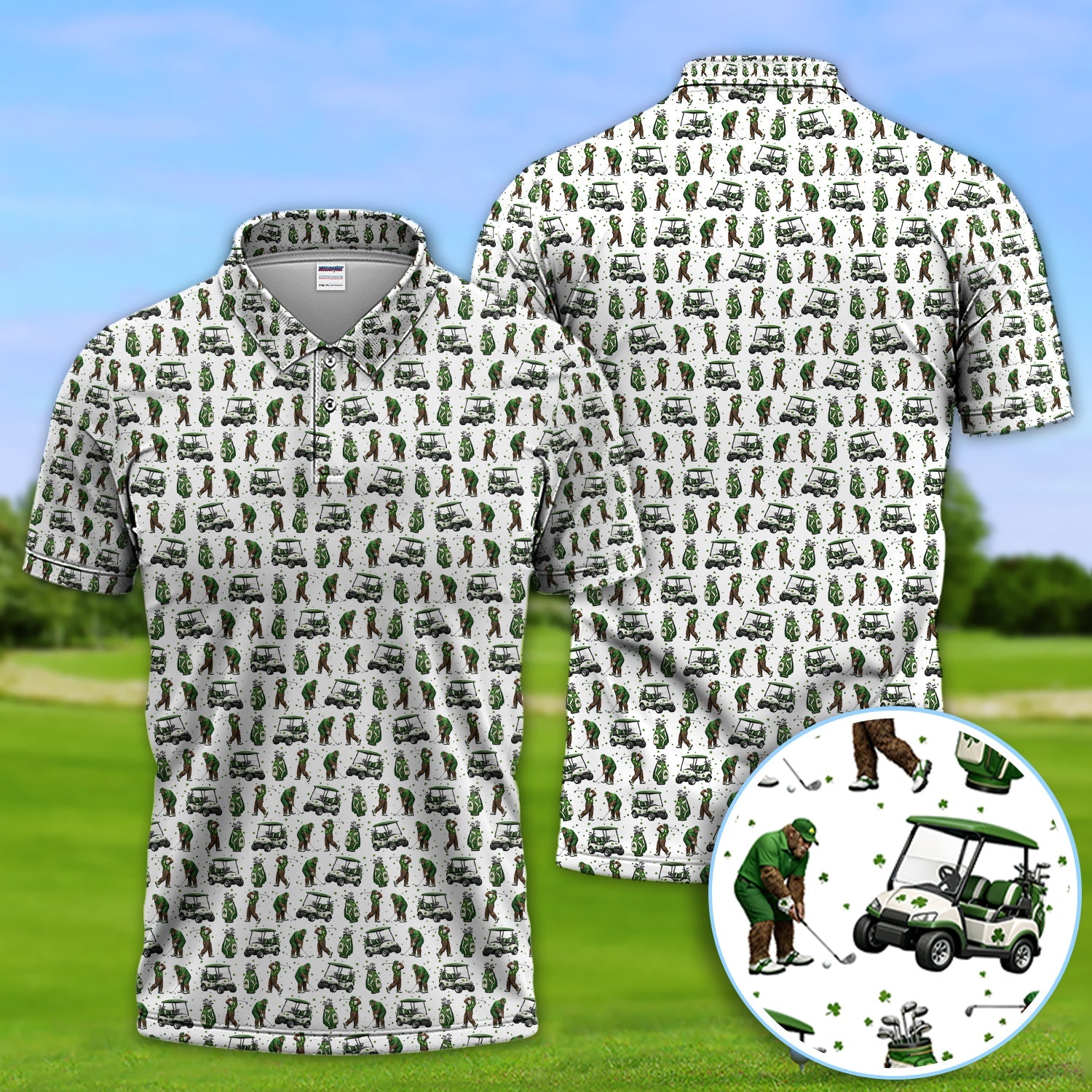 Bigfoot Golf St. Patrick’s Day Pattern Golf Polos, Sasquatch Golf Shirt For Golfer, Crazy Men's Golf Gift