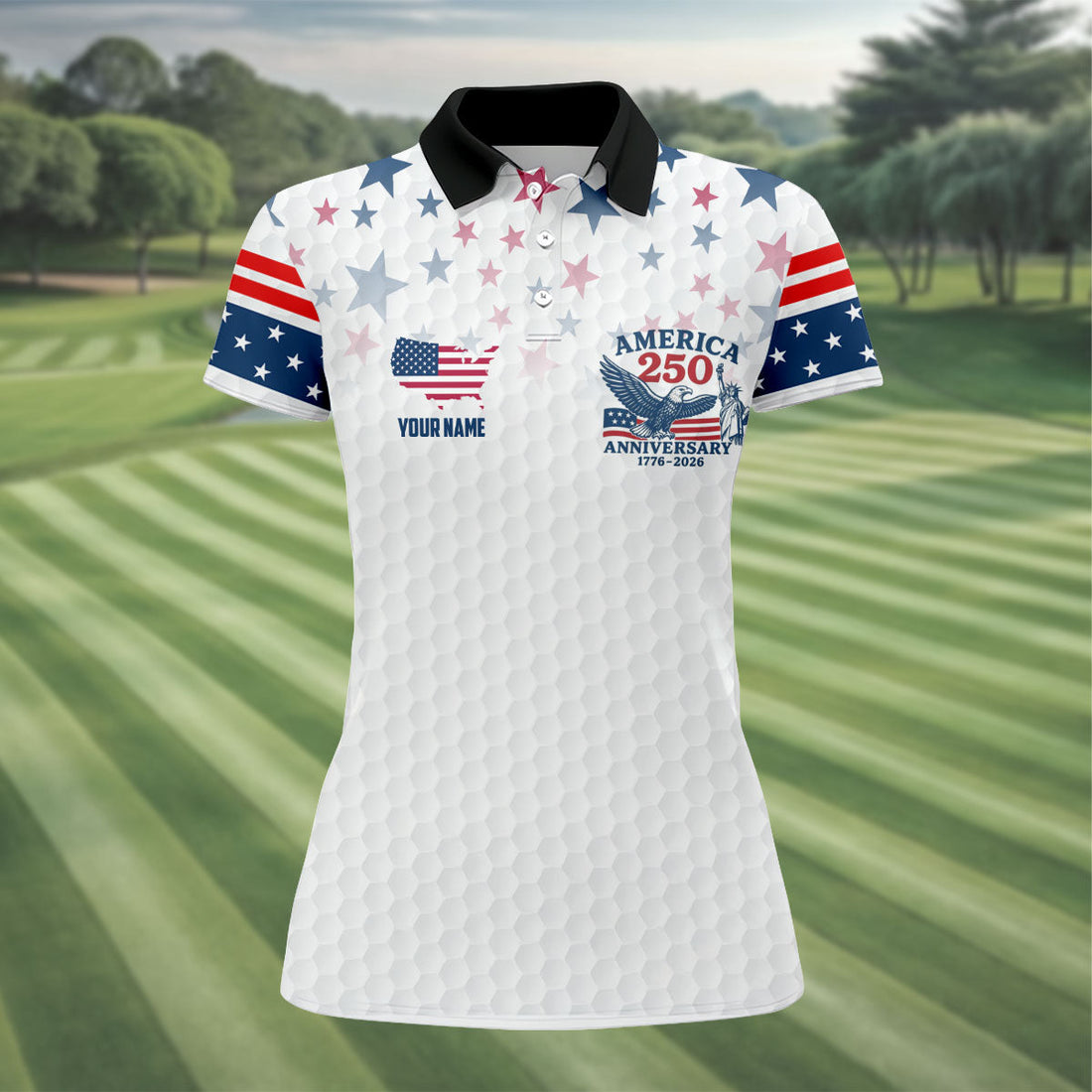 America 250th Anniversary Red White And Blue Stars White Golf Shirt, Patriotic 4th Of July Golf Shirt For Women