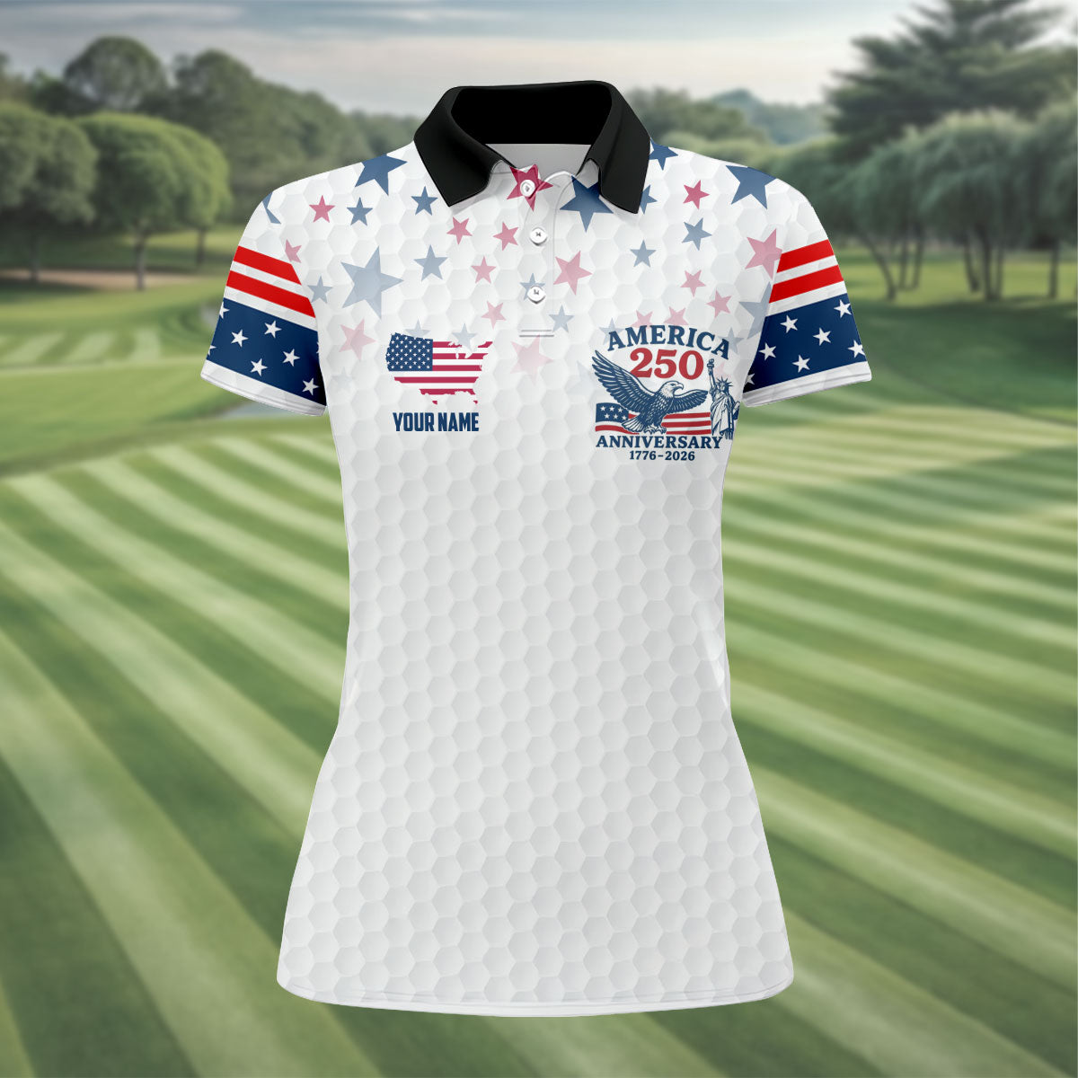 America 250th Anniversary Red White And Blue Stars White Golf Shirt, Patriotic 4th Of July Golf Shirt For Women