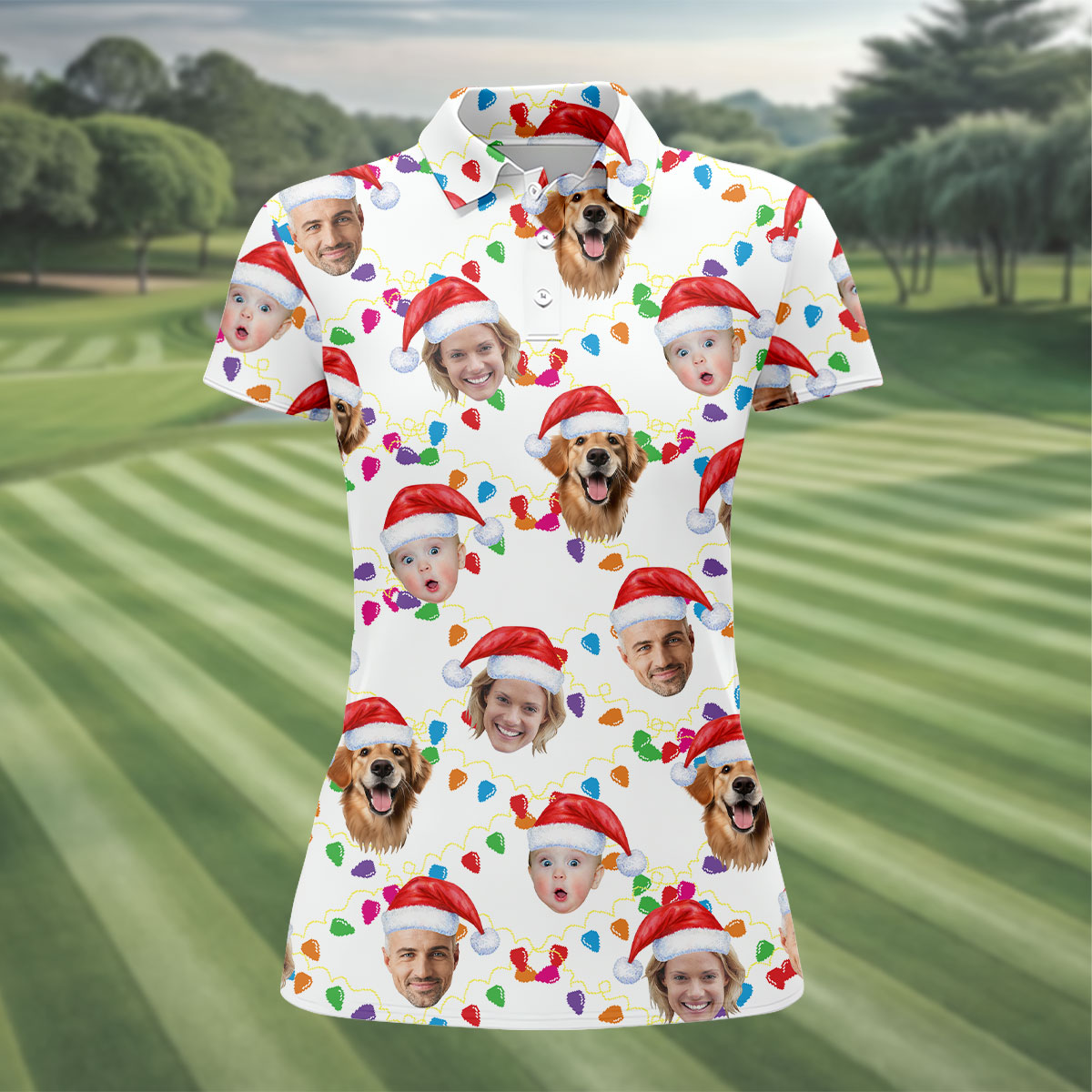 Custom Face Christmas White Polo ShirtFunny Christmas Shirts For Family, Golf Gifts For Women