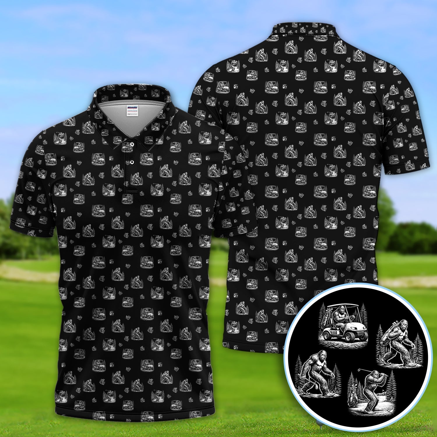 Bigfoot Pattern Golf Polos, Funny Sasquatch Golf Shirt, Crazy Golf Gift For Men