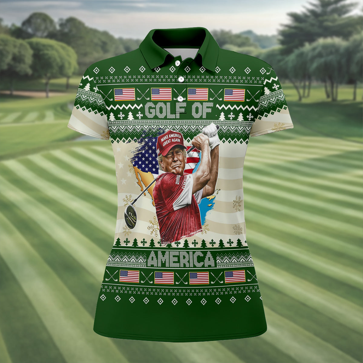 Trump Golf Of America Christmas Golf Shirt Funny Print Women's Golf Tops, Christmas Golf Shirt, Ladies Golf Polos