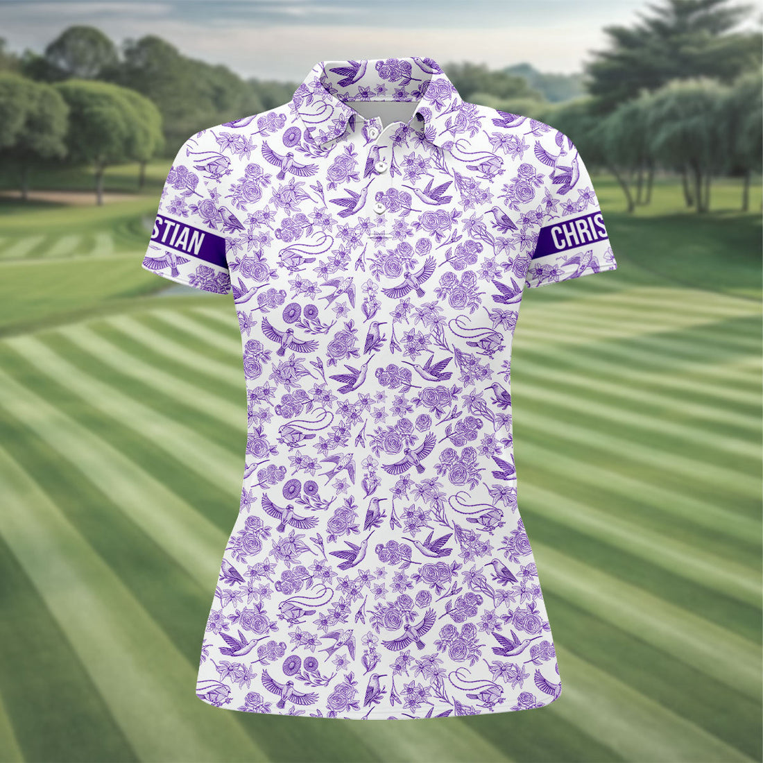 Custom Name Toile de Jouy Birds And Flowers Purple And White Women Golf Top, Ladies Golf Polos