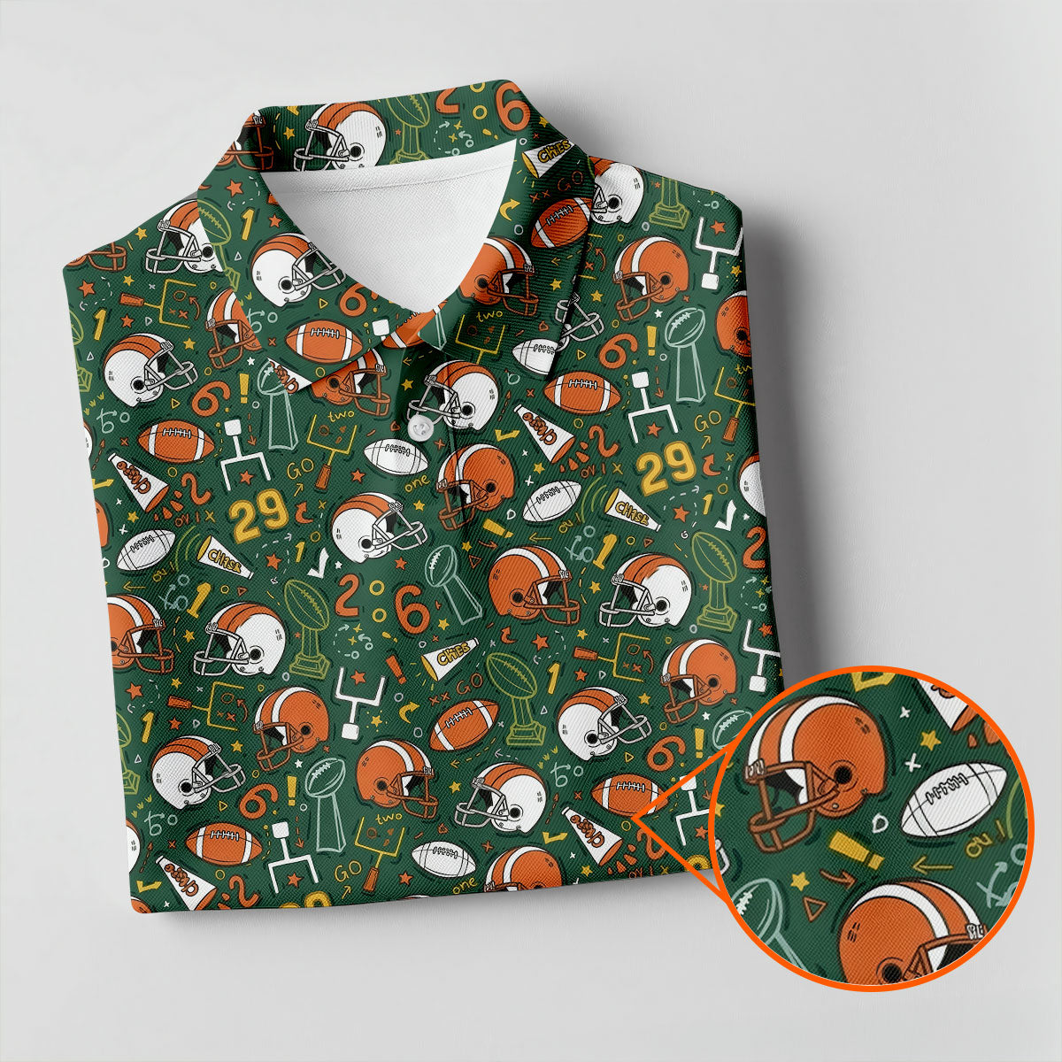 Orange And White Football Helmet Trophy Pattern Game Day Football Theme Women's Green Polo Shirts
