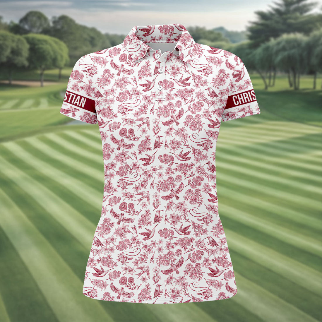 Custom Name Toile de Jouy Birds And Flowers White And Red Women Golf Top, Ladies Golf Polos