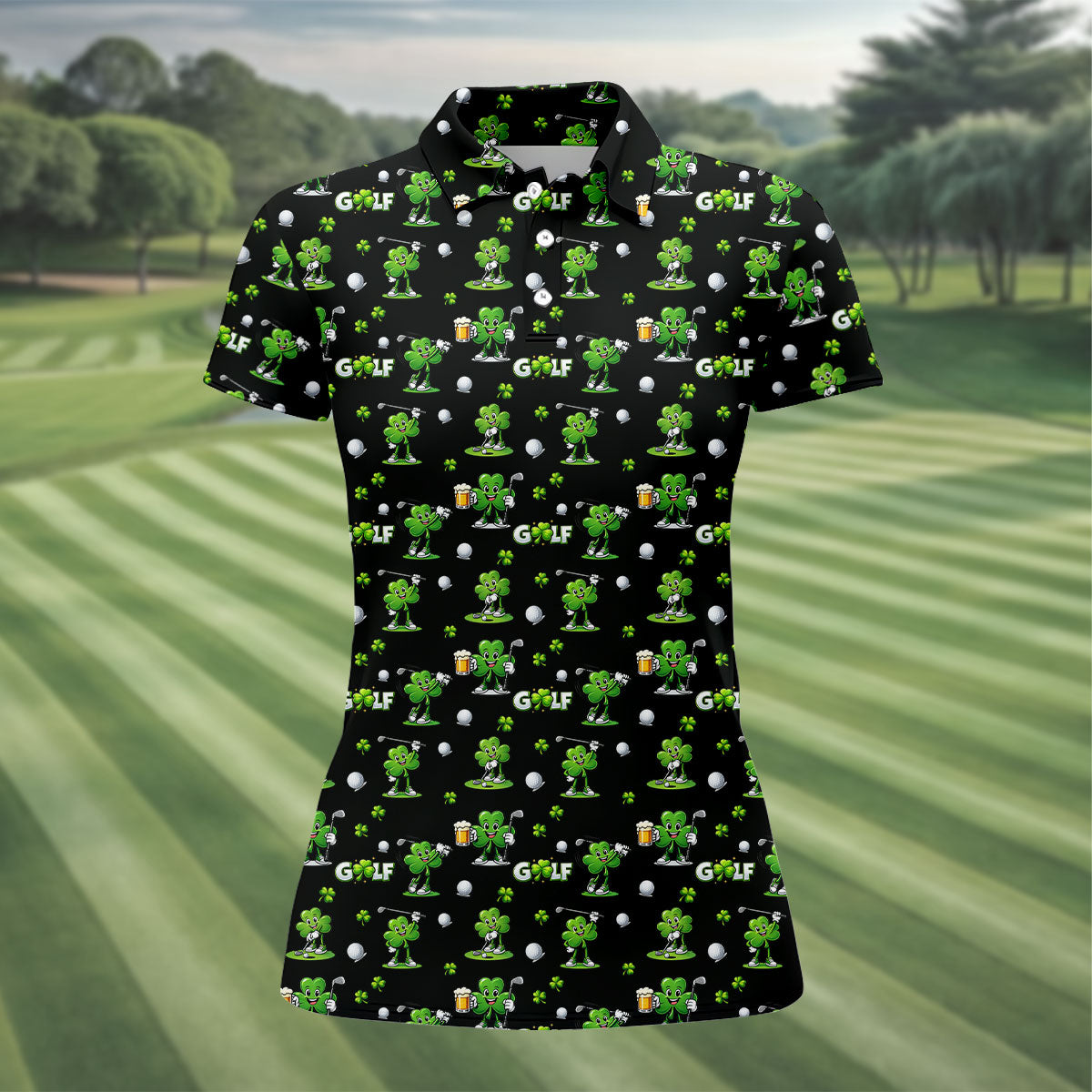 Three Leaf Clover Golf And Beer St Patrick's Day Black Golf Shirt, Women's Golf Shirts, Ladies Golf Polos