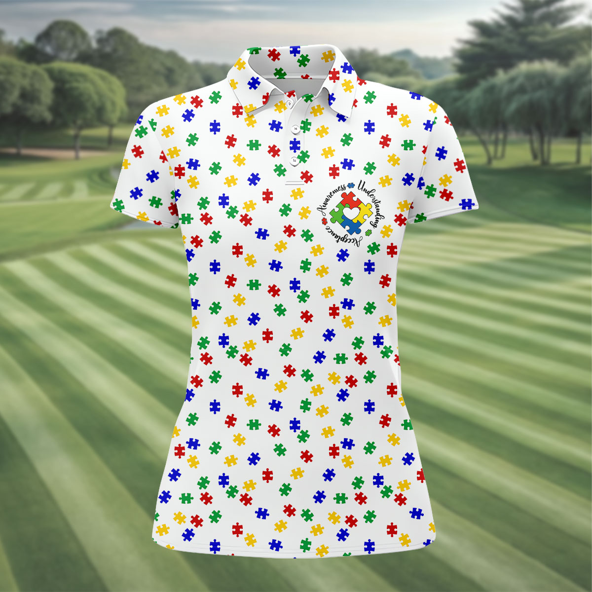 Awareness Understanding Acceptance Autism Puzzle Golf Shirt For Women, Ladies Golf Polos