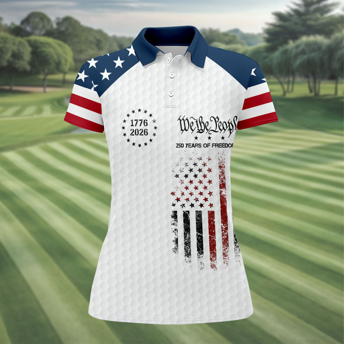 We The People 250 Years Of Freedom Distressed Flag Patriotic 4th Of July Golf Shirt For Women