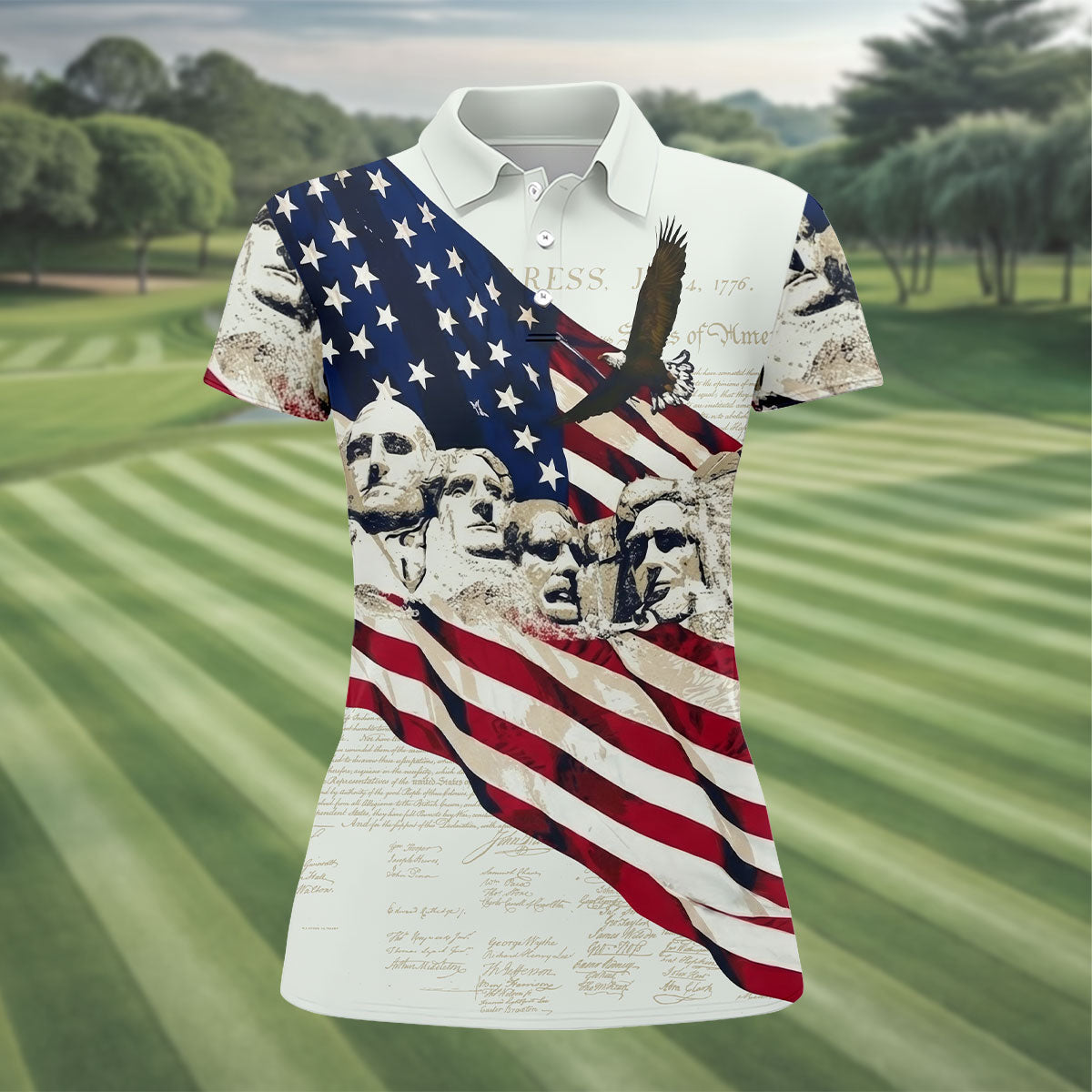 Mount Rushmore American Flag Pattern 4th Of July Patriotic Golf Shirt, 250th Anniversary Women's Golf Tops