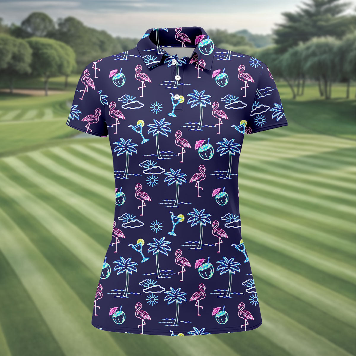 Neon Line Tropical Flamingo Hawaiian Golf Shirt, Golf Shirt For Women, Golfing Apparel