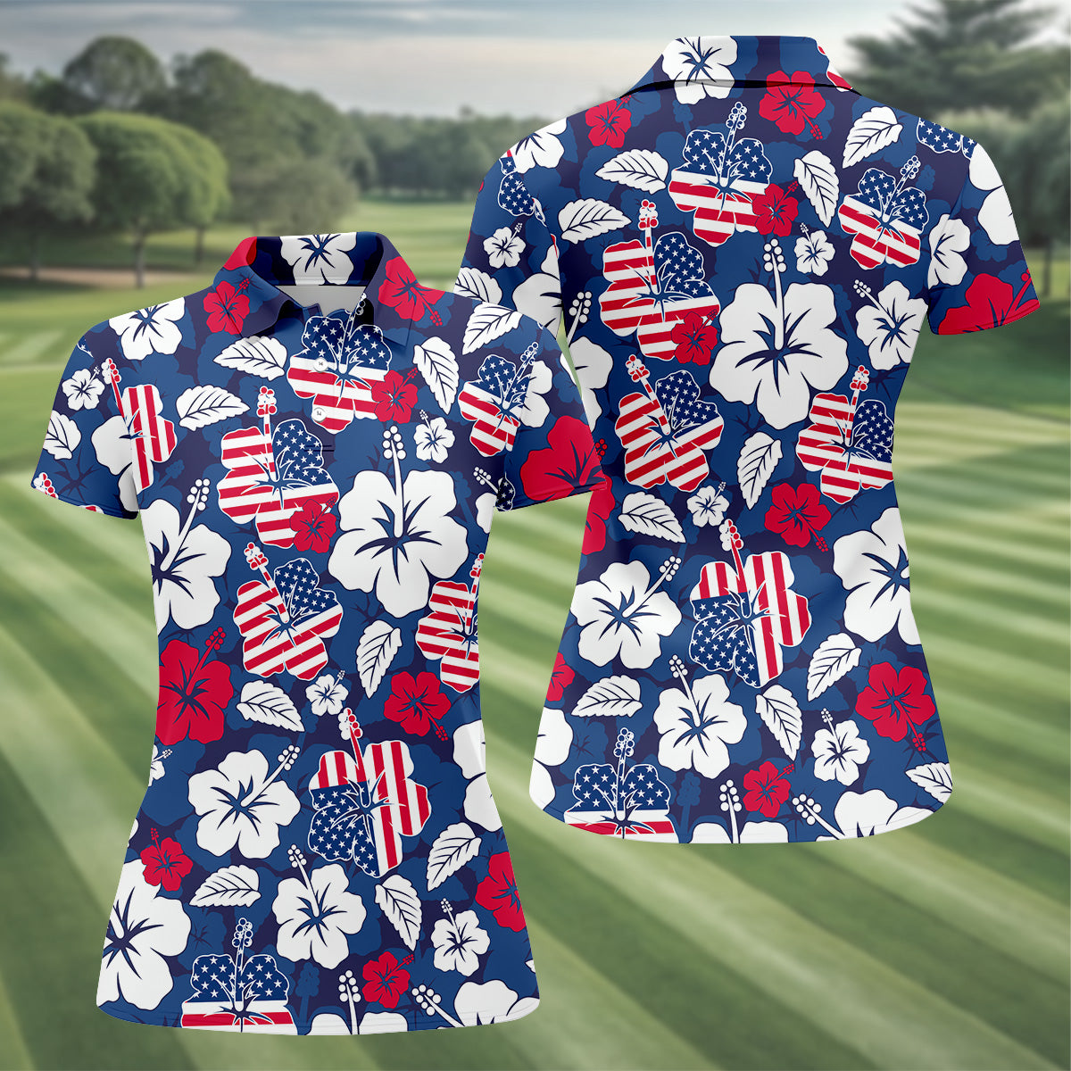 Tropical Hibiscus American Flag Womens Golf Polo Shirt Patriotic Golf Shirt, USA Golf Shirt Custom Ladies Golf Shirt