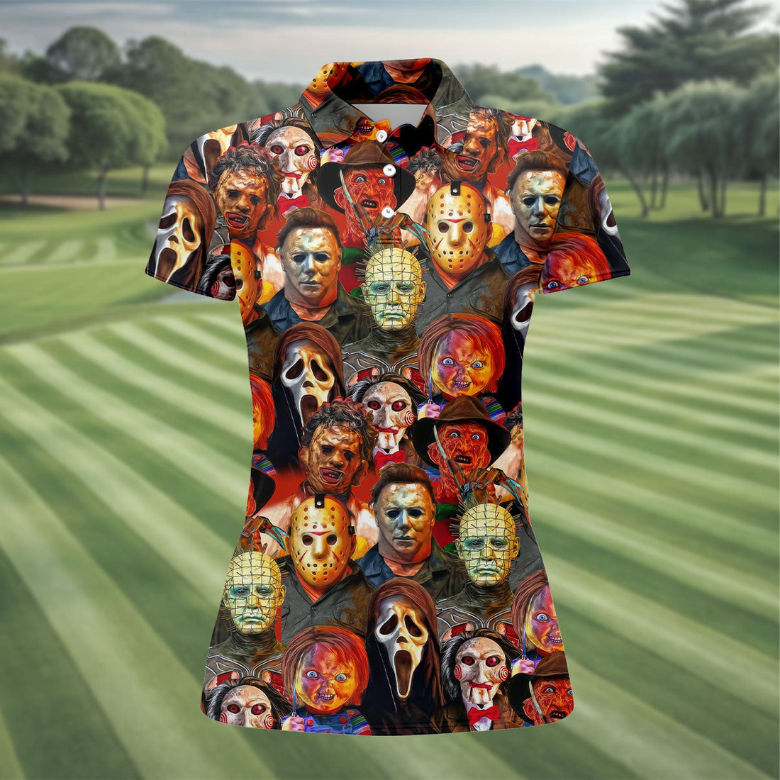 All Horror Movie Characters Women Golf Top, Halloween Golf Shirt, Unique Gift For Golfer, Ladies Golf Shirts