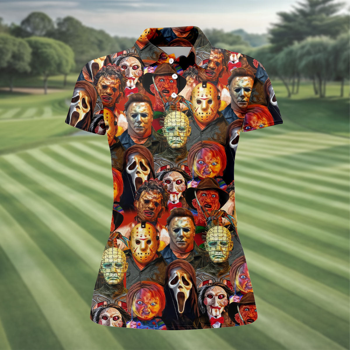All Horror Movie Characters Women Golf Top, Halloween Golf Shirt, Unique Gift For Golfer, Ladies Golf Shirts