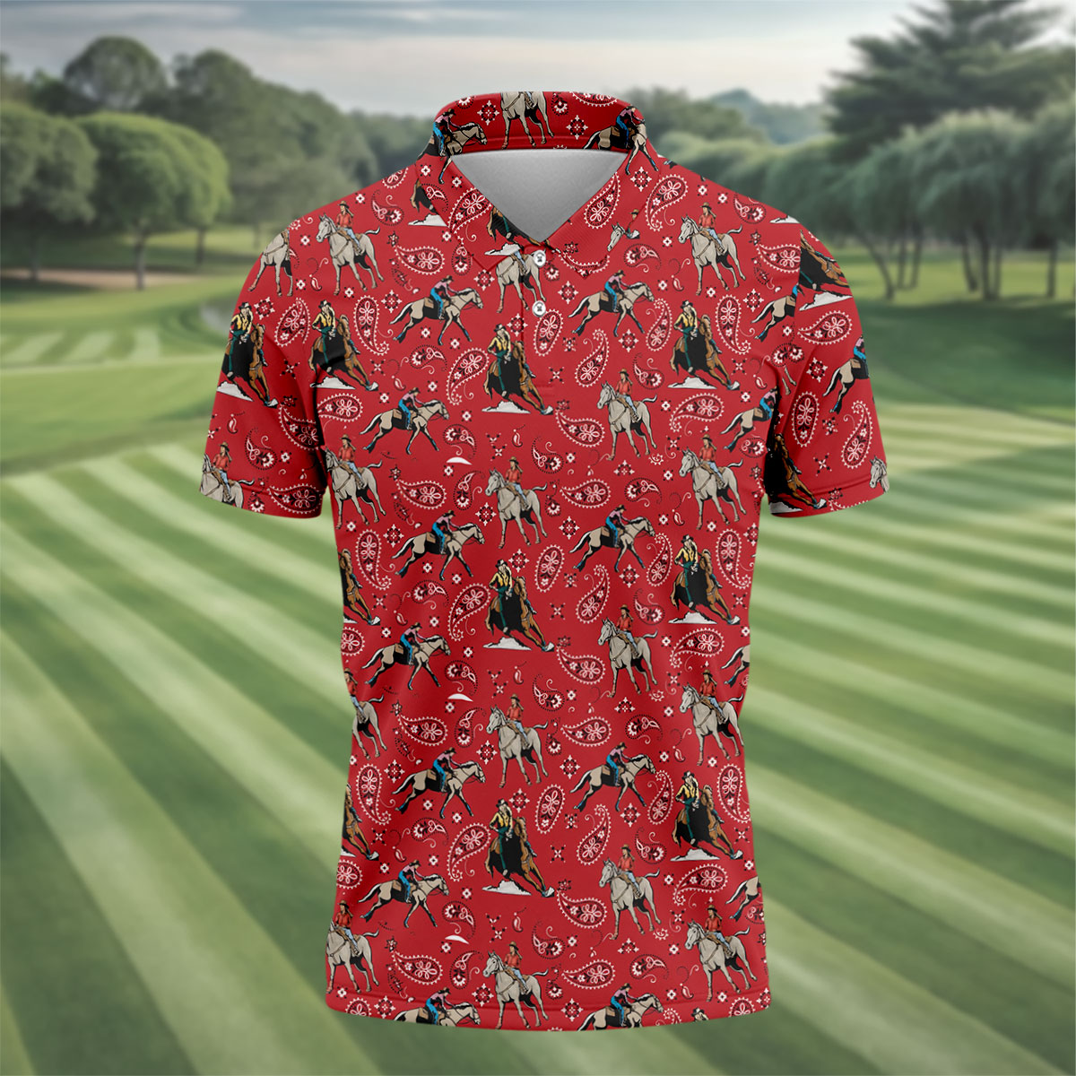 Red Cowboy Horse Paisley Pattern Golf Shirt, Mens Golf Polo, Golf Shirts For Men