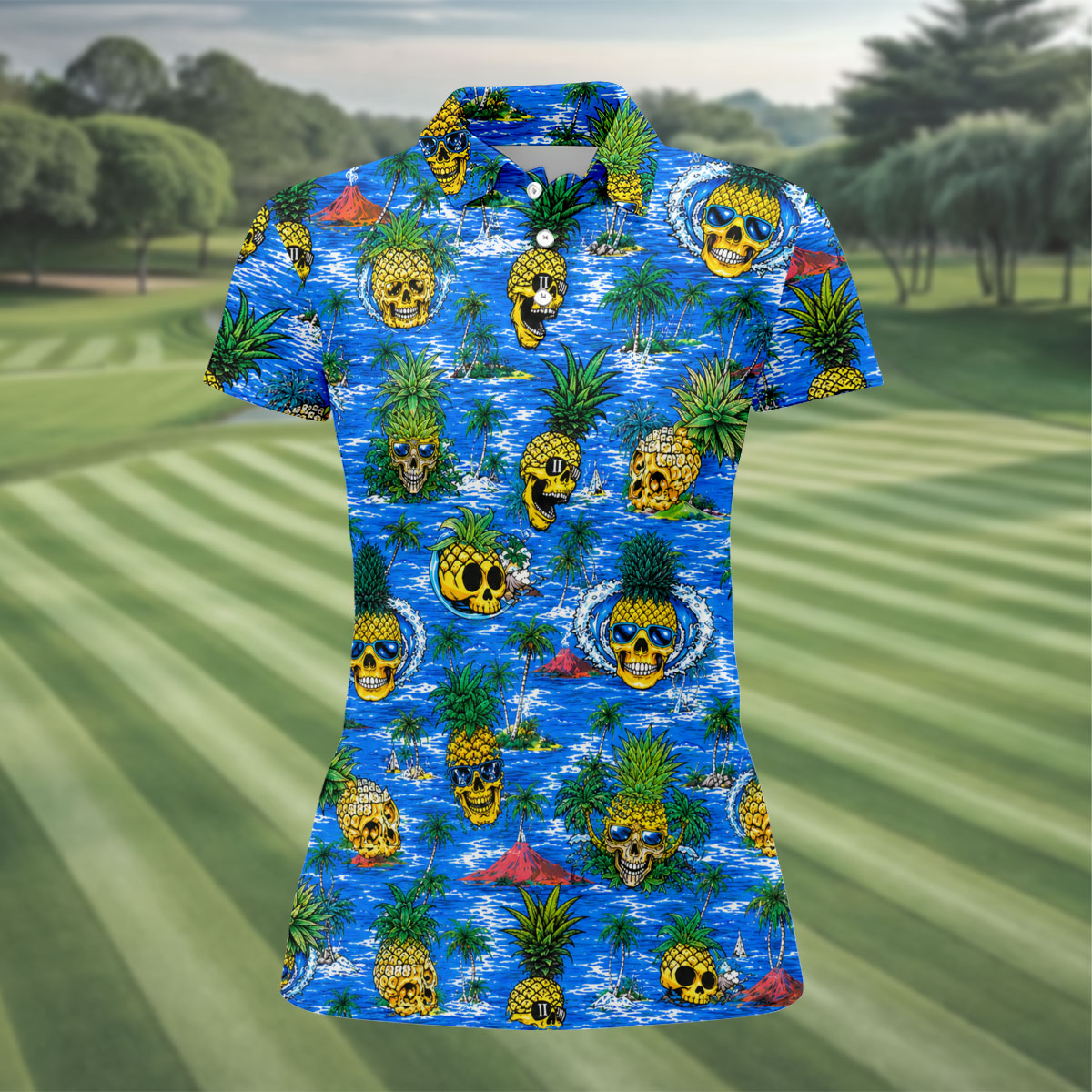 Pineapple Skull Island Ocean Hawaiian Golf Shirt, Hawaiian Golf Shirt, Golf Tops For Women