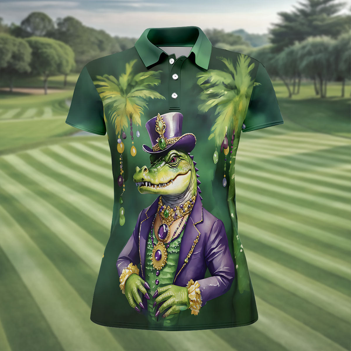 Mardi Gras Alligator Decorated Palm Tree Print Golf Shirt, Women's Golf Tops, Ladies Golf Shirt