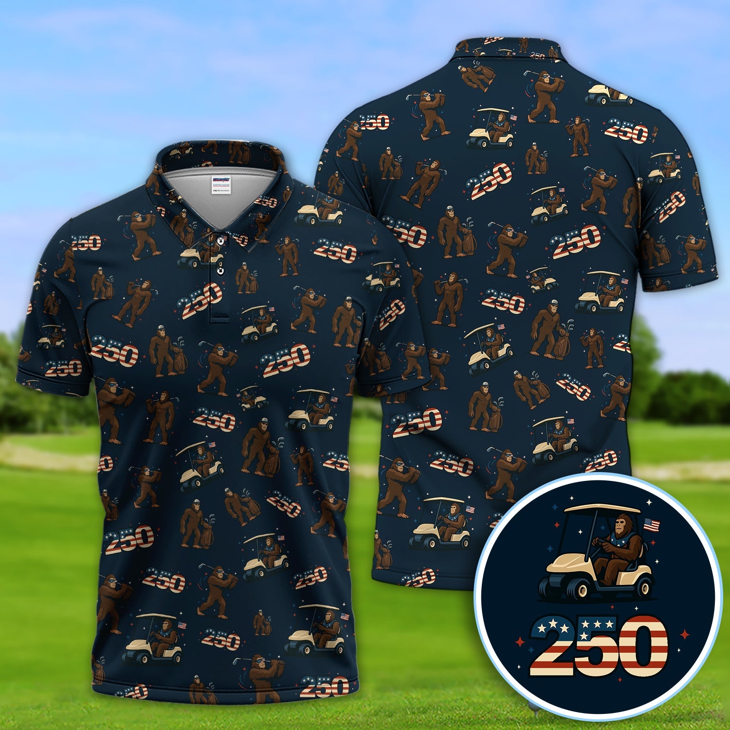 Crazy Bigfoot Golf Polos For Golfer, Patriotic 250th Anniversary Pattern Golf Shirt, Funny Golf Gift For Men