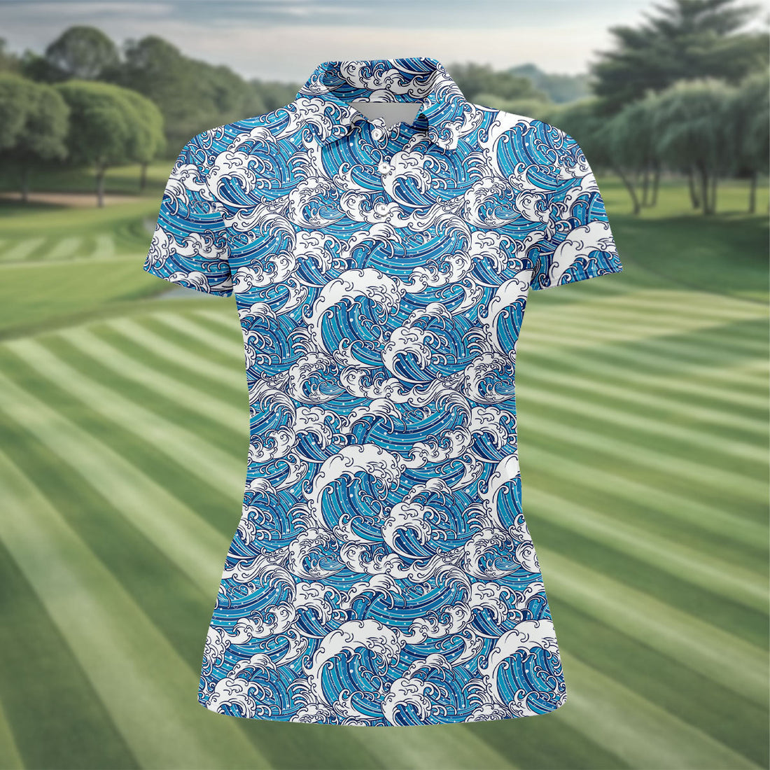 Japanese Wave Art Hawaiian Golf Shirt, Summer Ocean Women's Golf Tops, Ladies Golf Shirts