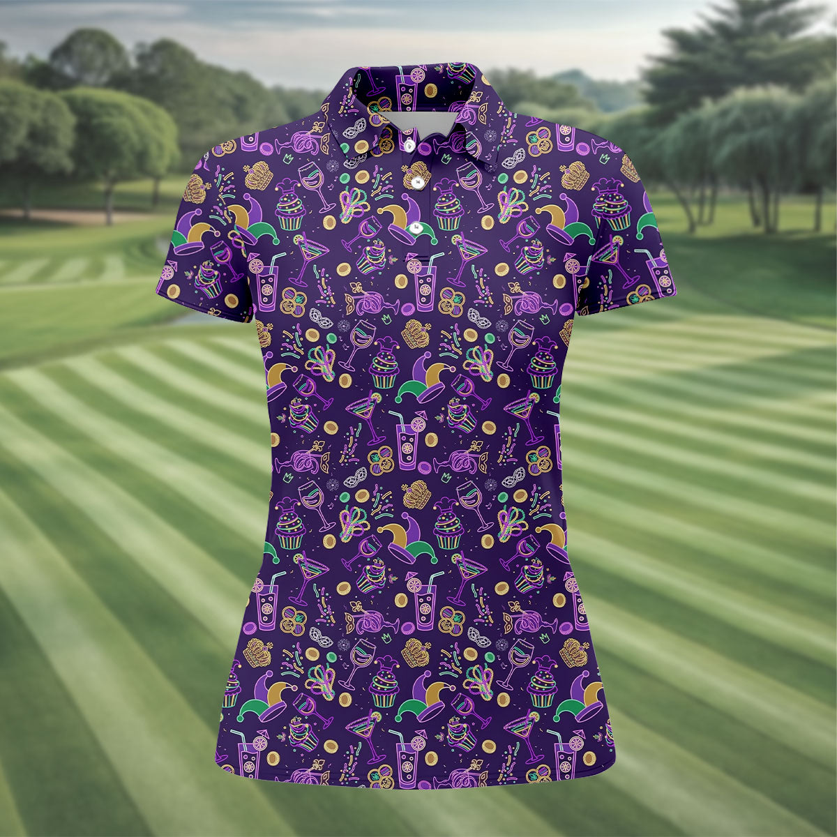 Mardi Gras Food Green Gold Purple Women's Golf Tops, Women's Golf Shirts, Ladies Golf Polos