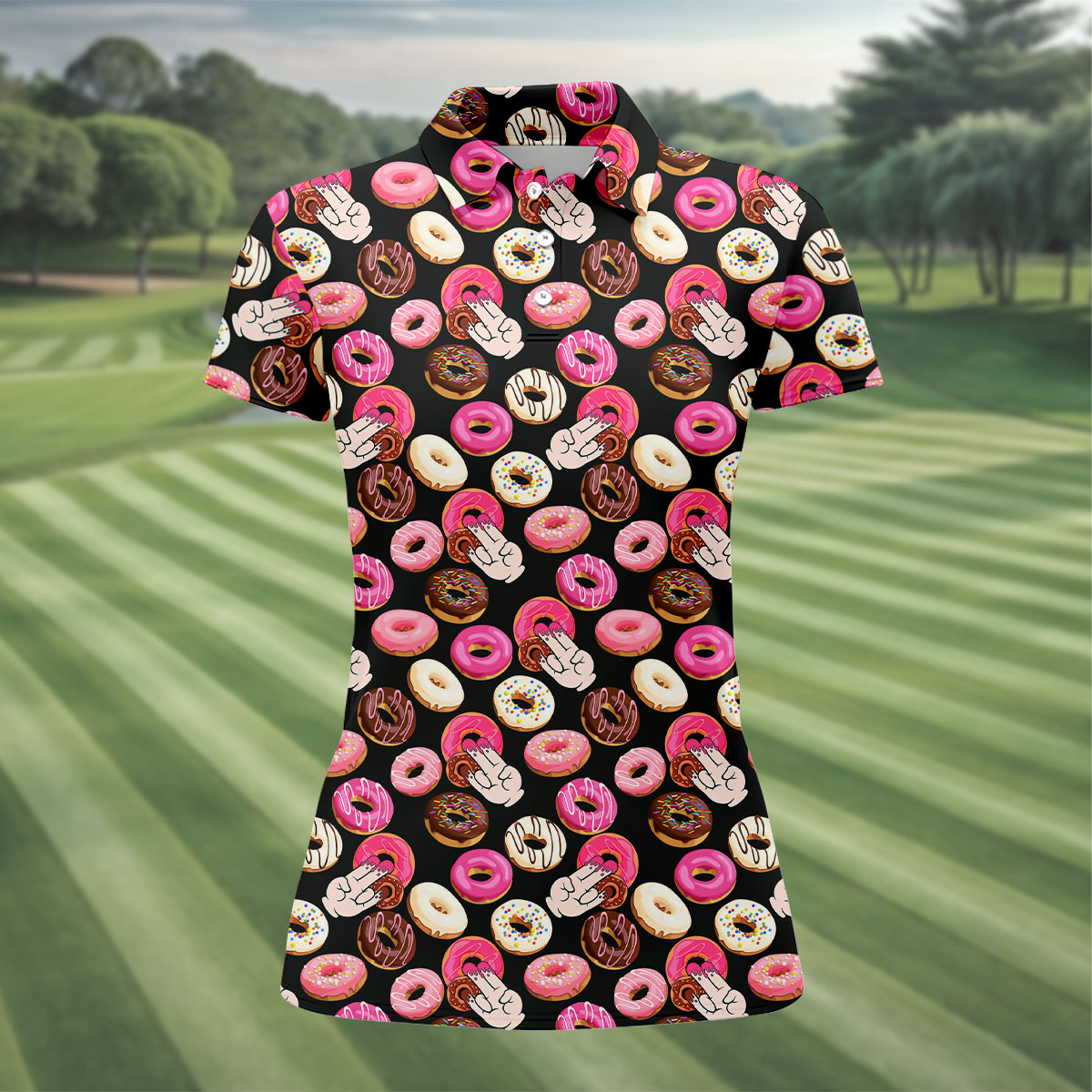 Funny Donut Adult Humor Black And Pink Fun Women's Golf Shirts, Women's Golf Tops, Ladies Golf Shirts