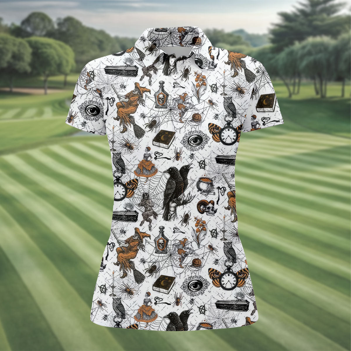 Spider Witch Skull Black Crow Women's Golf Shirt, Halloween Golf Shirt, Halloween Shirt For Women, Ladies Golf Shirt