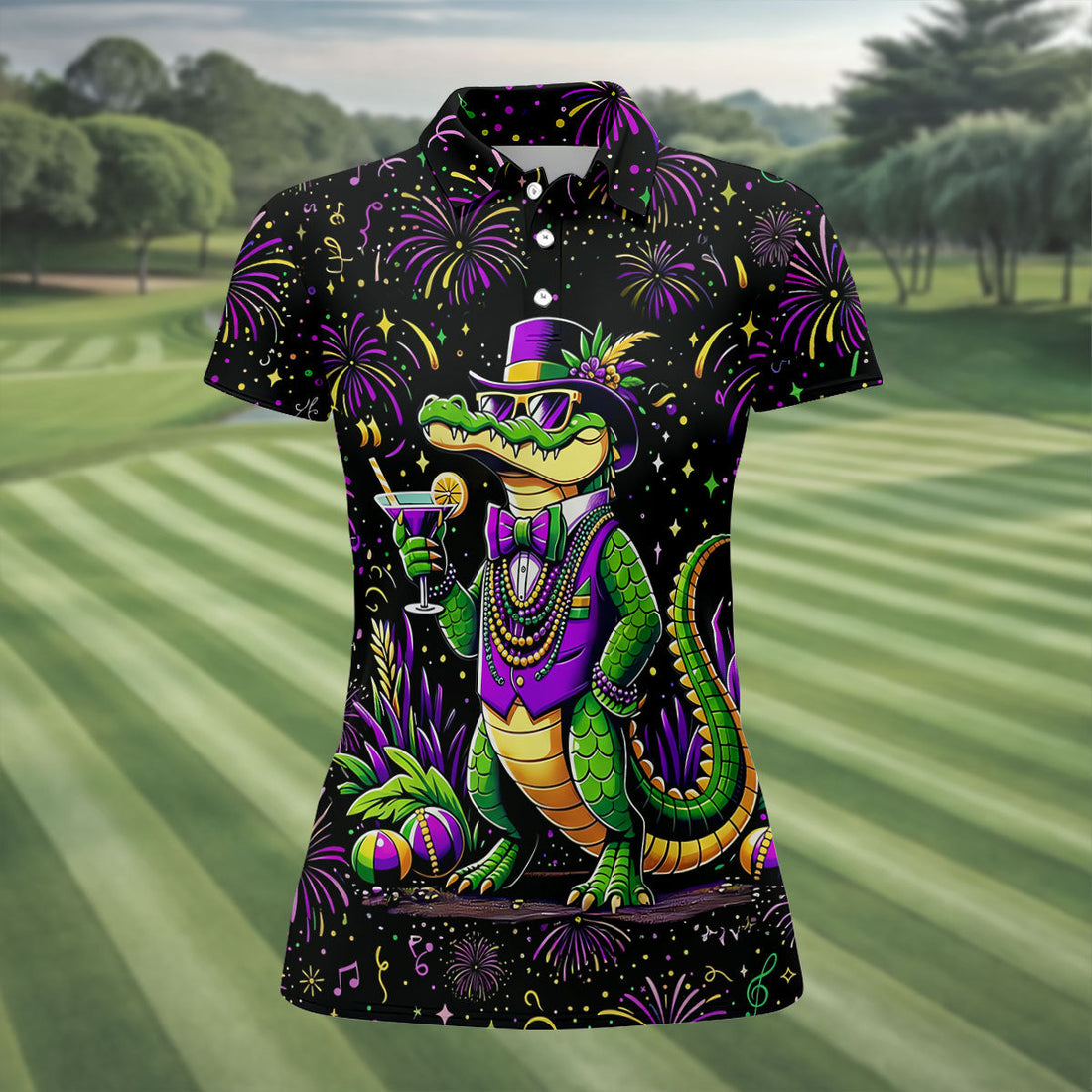 Mardi Gras Aligator Purple Green Gold Confetti Star Women's Golf Shirts, Women's Golf Tops, Ladies Golf Shirts