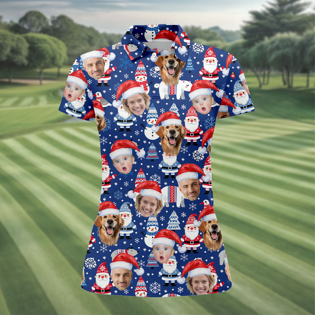 Custom Face Christmas Gnome Pattern Blue Golf Shirt, Christmas Golf Shirt, Women's Golf Tops, Ladies Golf Polos