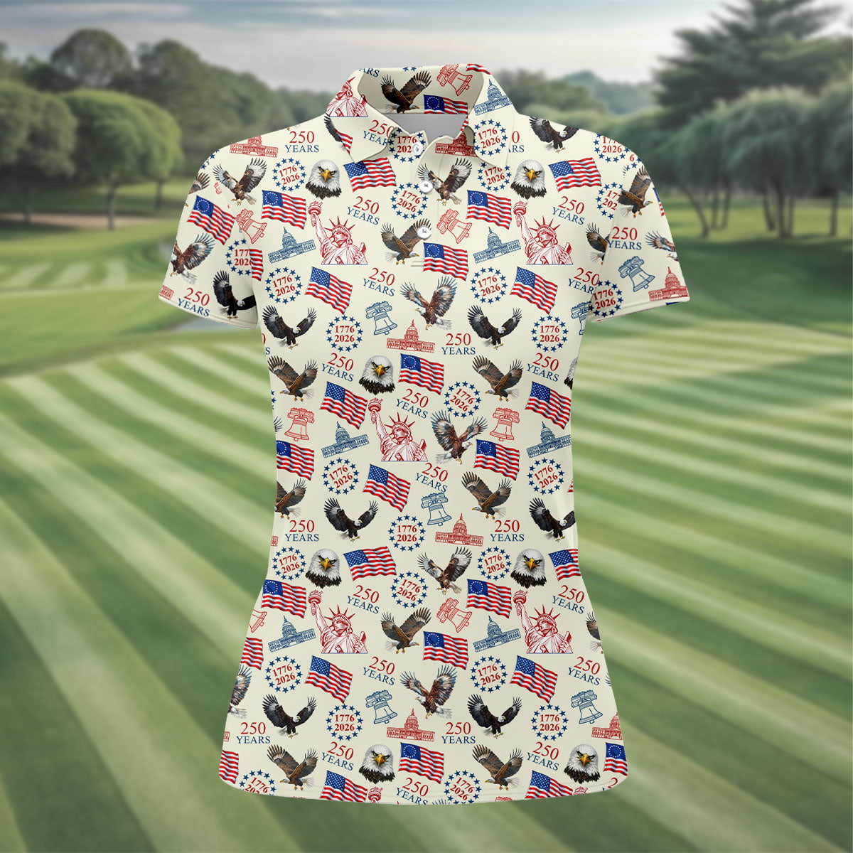 250 Years American Symbol Patriotic Pattern Beige Golf Shirt, 4th Of July Golf Shirt, Golf Shirt For Women