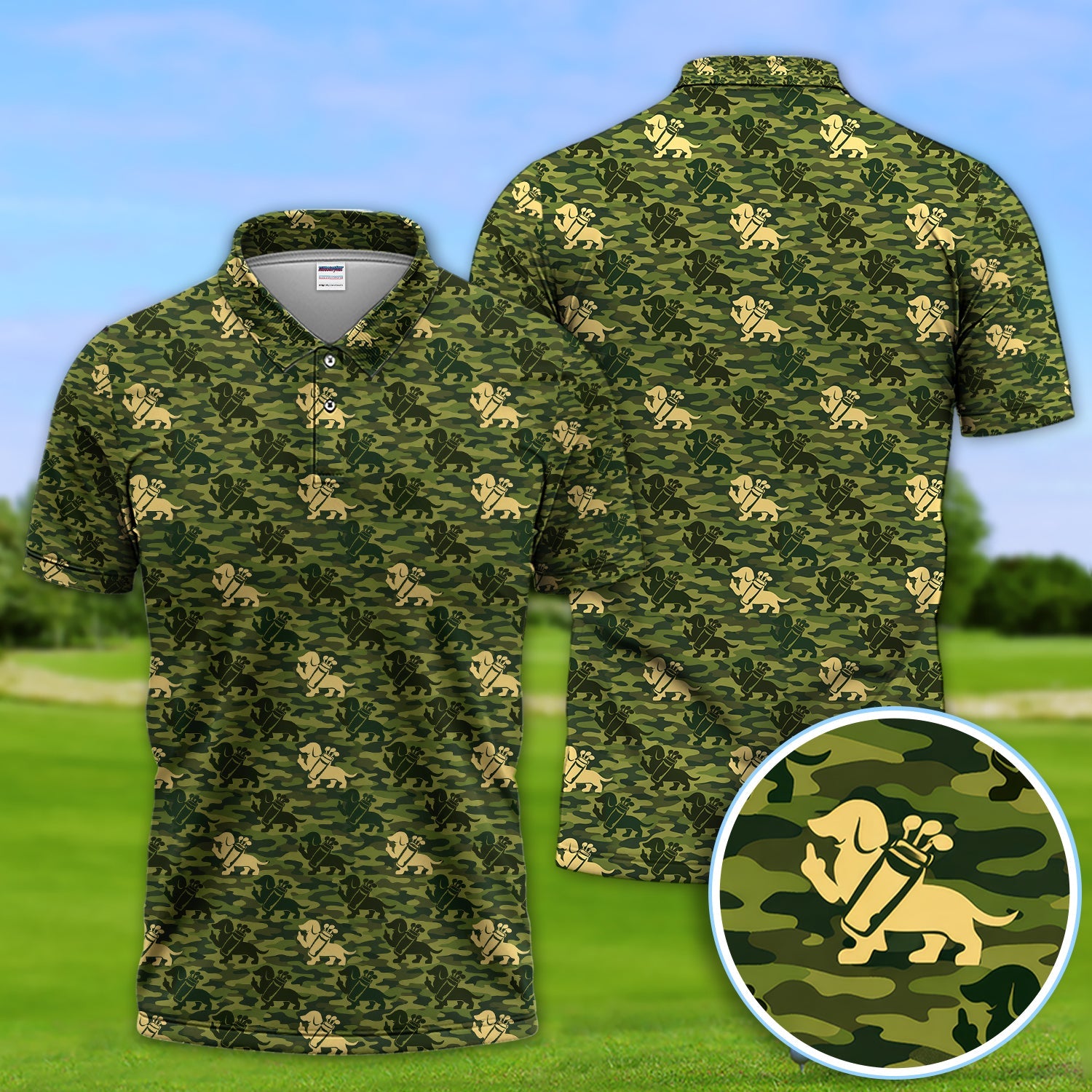 Dachshund Camo Pattern Golf Polos, Wiener Dog Golf Shirt For Golfer, Golf Gift For Men