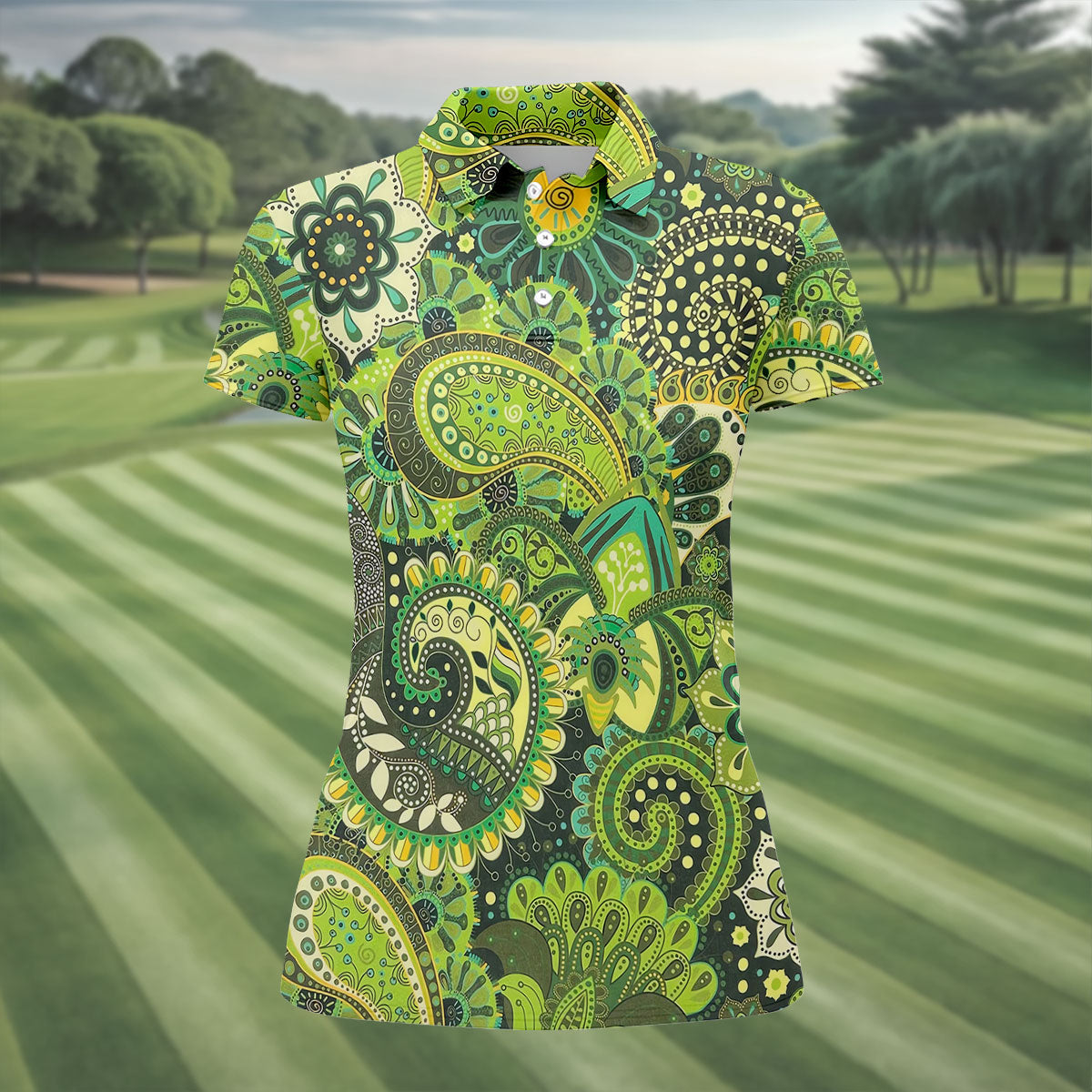 Paisley Print Green Golf Shirt, Ladies Golf Shirts, Golf Shirt For Women, Ladies Golf Polos