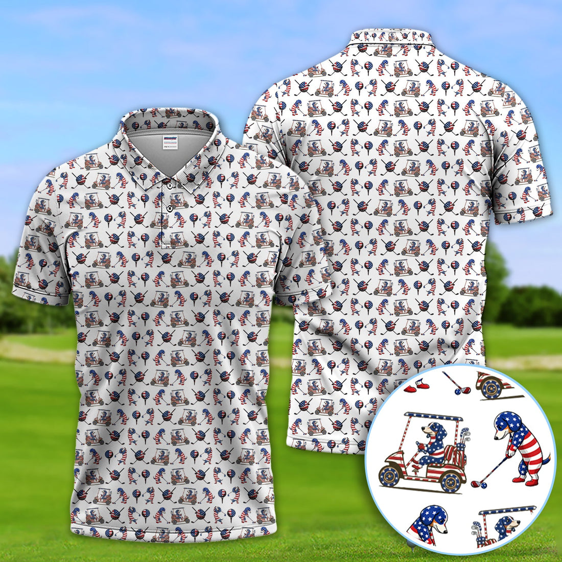 Patriotic Dachshund Golf Polos, USA Flag With Wiener Dog Pattern Golf Shirt, Funny Golf Gift For Golfer