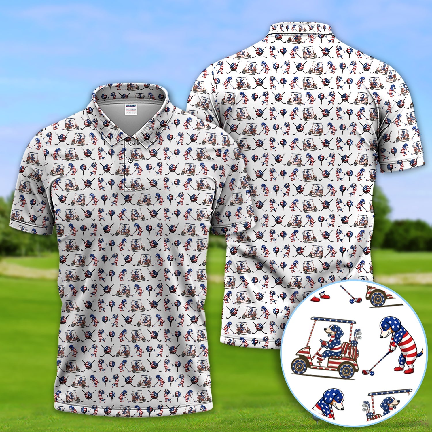Patriotic Dachshund Golf Polos, USA Flag With Wiener Dog Pattern Golf Shirt, Funny Golf Gift For Golfer